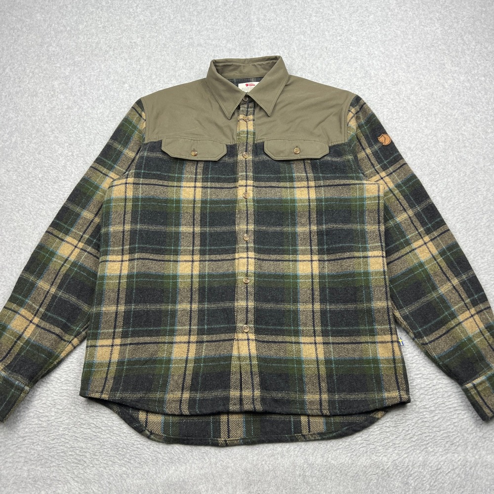 Fjallraven Granit Shirt Mens Medium Green Plaid Wool Hunting Button Up Flannel